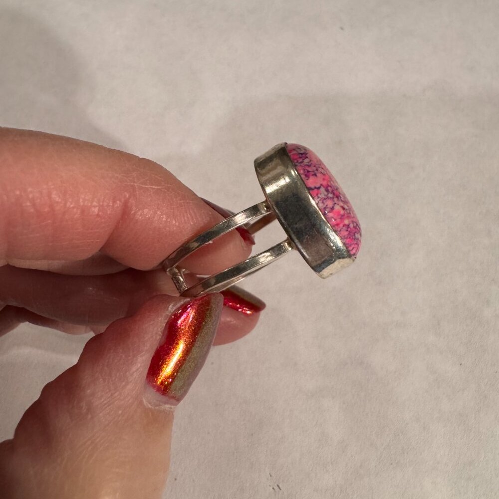 Statement Pink Stone Ring - Split Silver Band - image 2